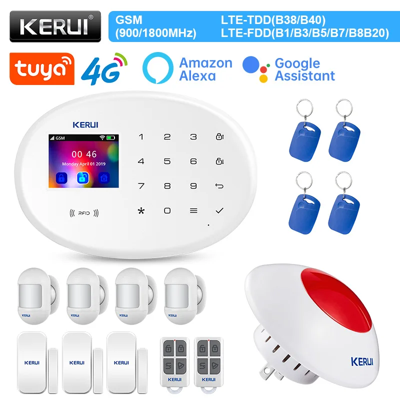 

KERUI W204 Home Alarm Alexa 4G WIFI GSM Alarm Wireless Tuya Smart Motion Sensor Detector Siren RFID Card Siren Door Sensor