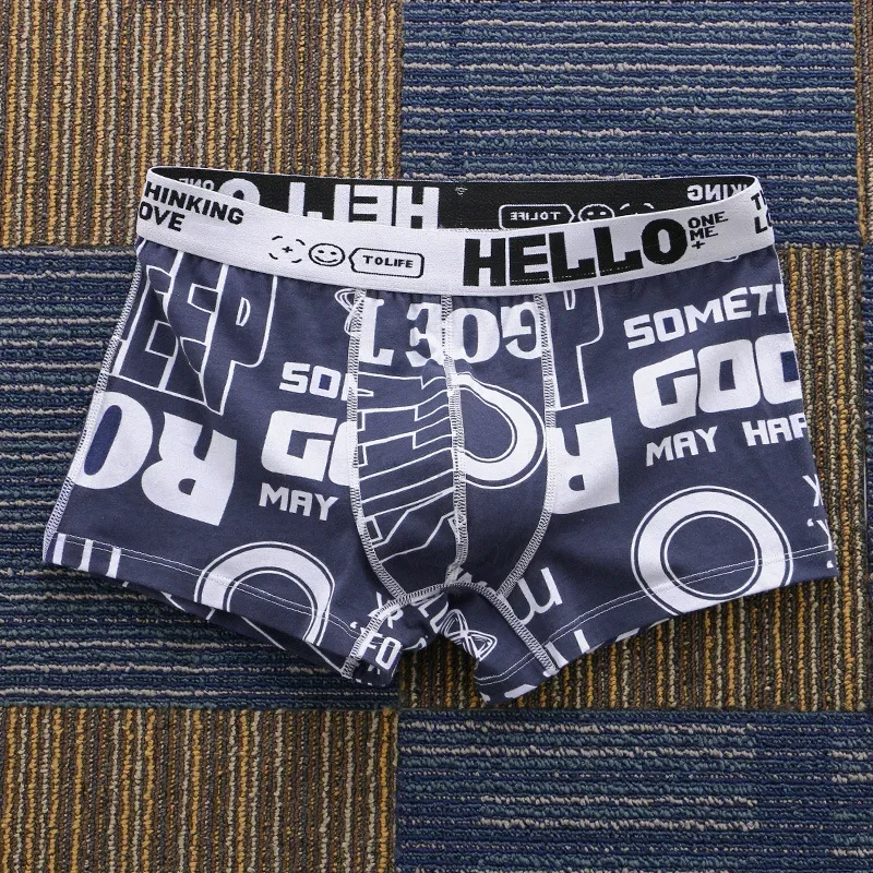 Men's Fashion Letter Print Trunks Youth Cotton Breathable Comfy Boxer Shorts Teenager Simple Mid-Rise Bulge Pouch Sports Panties