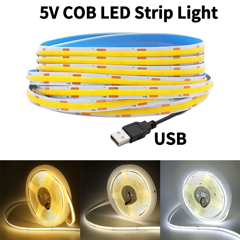 

Светодиодная лента DC5V COB с источником питания USB 320 светодиодов/м гибкое освещение высокой плотности 3000K/4000K/6000K CE Rohs Light Strip