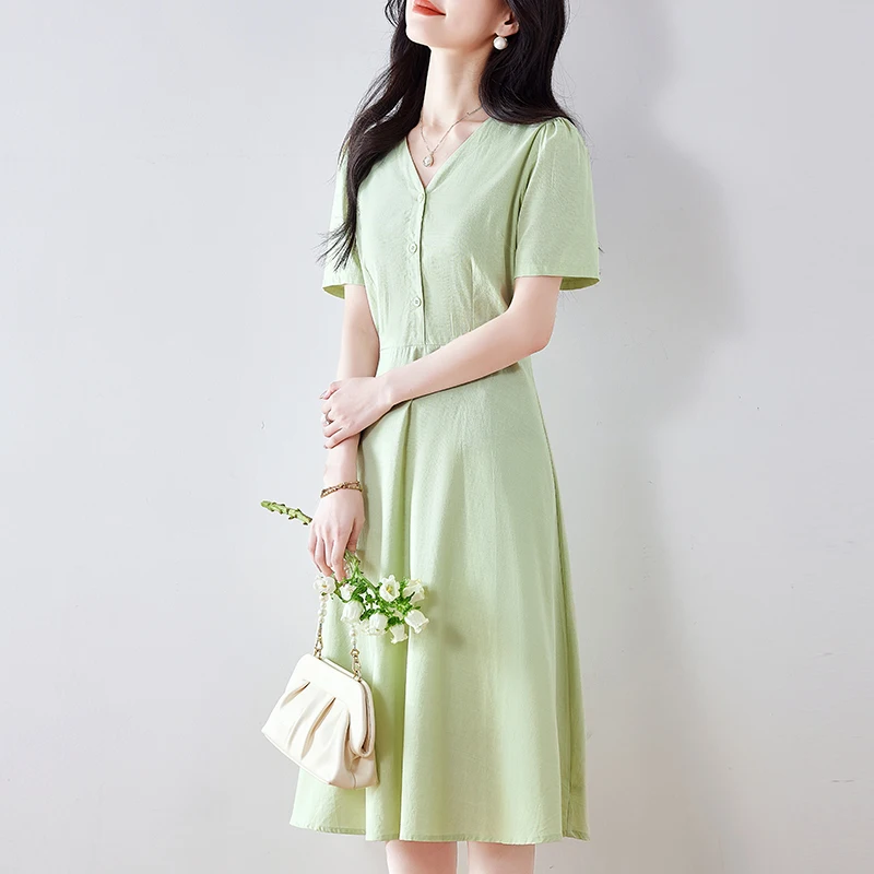 Robe mi-longue en lin pour femmes, tenue fluide de Style français, col en v, pour les vacances à la plage, élégante et amincissante, nouvelle collection été 2025