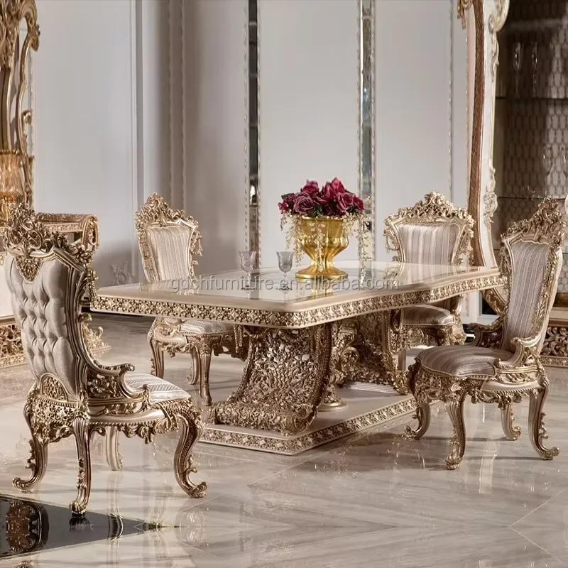 European Dining Table Chair Set Solid Wood Rectangular French Noble Style Traditional for Hotel Dining Room Furniture