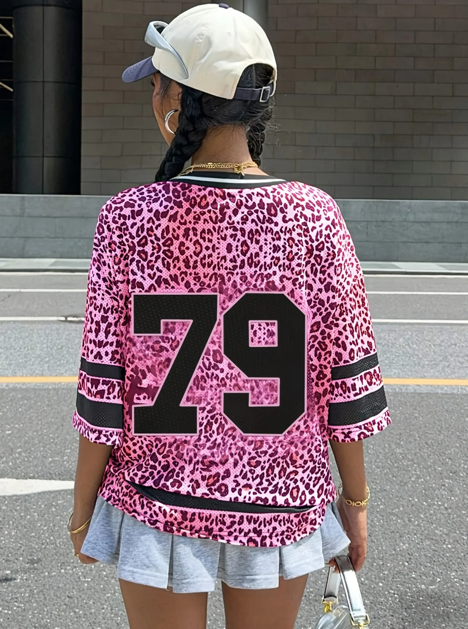 NOWE damskie różowe lampart NEW YORK 79 drukuj dekolt w serek koszulka z krótkim rękawem letnia koszulka koszulki baseballowe w paski ponadgabarytowa koszulka sportowa