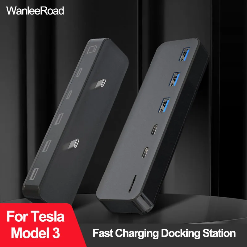 

27W Quick Charge Docking Station For Tesla Model 3 Y USB Hub Intelligent Fast Charging Type-C Micro SD Model3 Modely 2021-2023