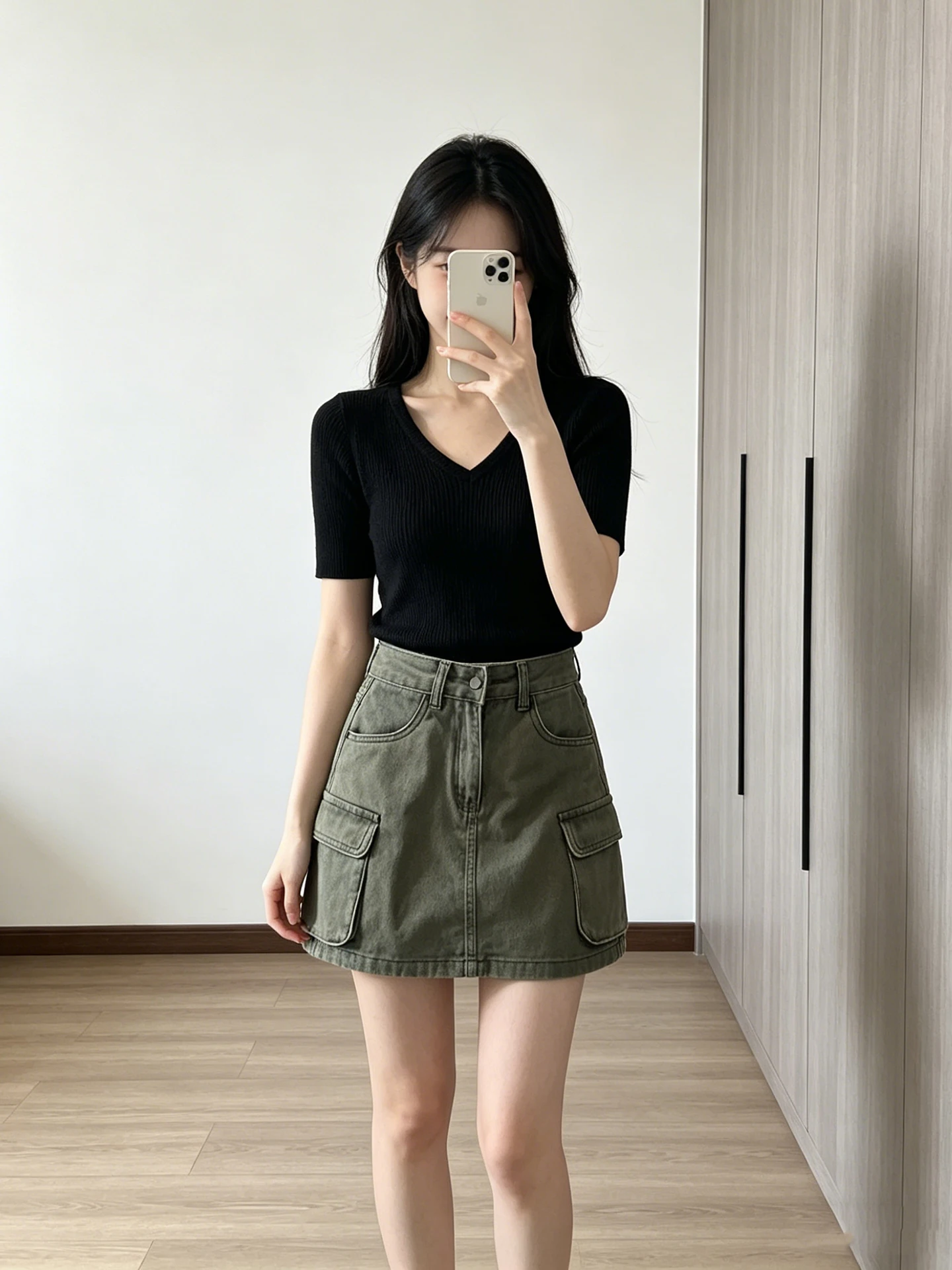 Retro American Green Multi-Pocket Workwear  Skirt Women's A-Line Half Skirt Summer New High Waist Casual Style