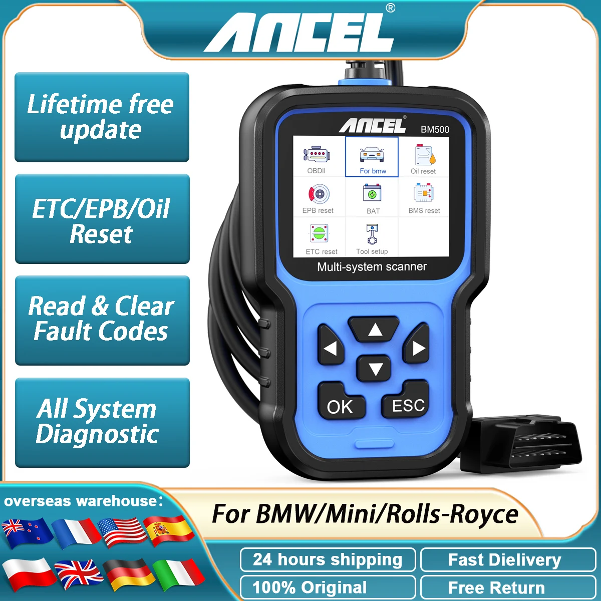 

Сканер OBD2 ANCEL BM500 для BMW/Mini/Rolls-Royce EPB BMS сброс масла OBD 2, диагностический автомобильный диагностический инструмент, пожизненное бесплатное обновление