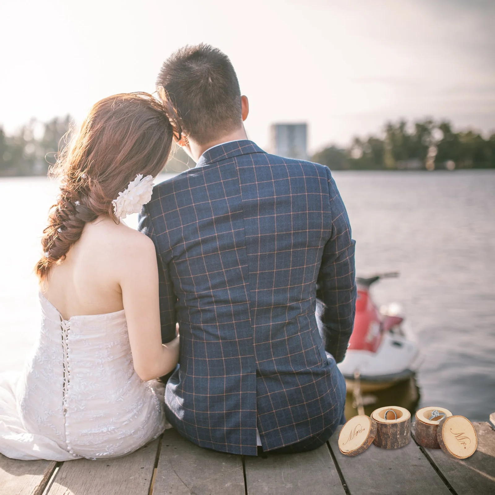 2Pcs Wooden Wedding Ring Box Rustic Vintage Chic Mr Mrs Printed Ring Pillow Bearer for Wedding Ceremony