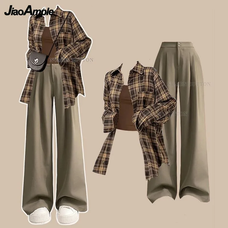 Women's 2025 Autumn New Casual Tracksuit Matching Set Korean Elegant Vintage Striped Shirt+Strap+wide Leg Pants 3-piece Suit