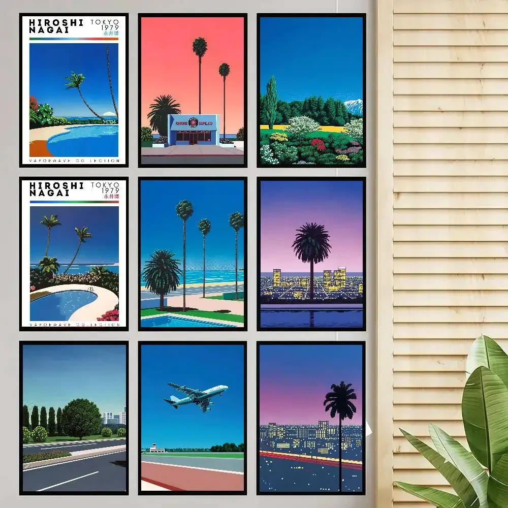 Hiroshi Nagai Vaporwave Japan Beach City Summer Poster Self-adhesive Art Room Entrance Restaurant Wall Decor Art Painting