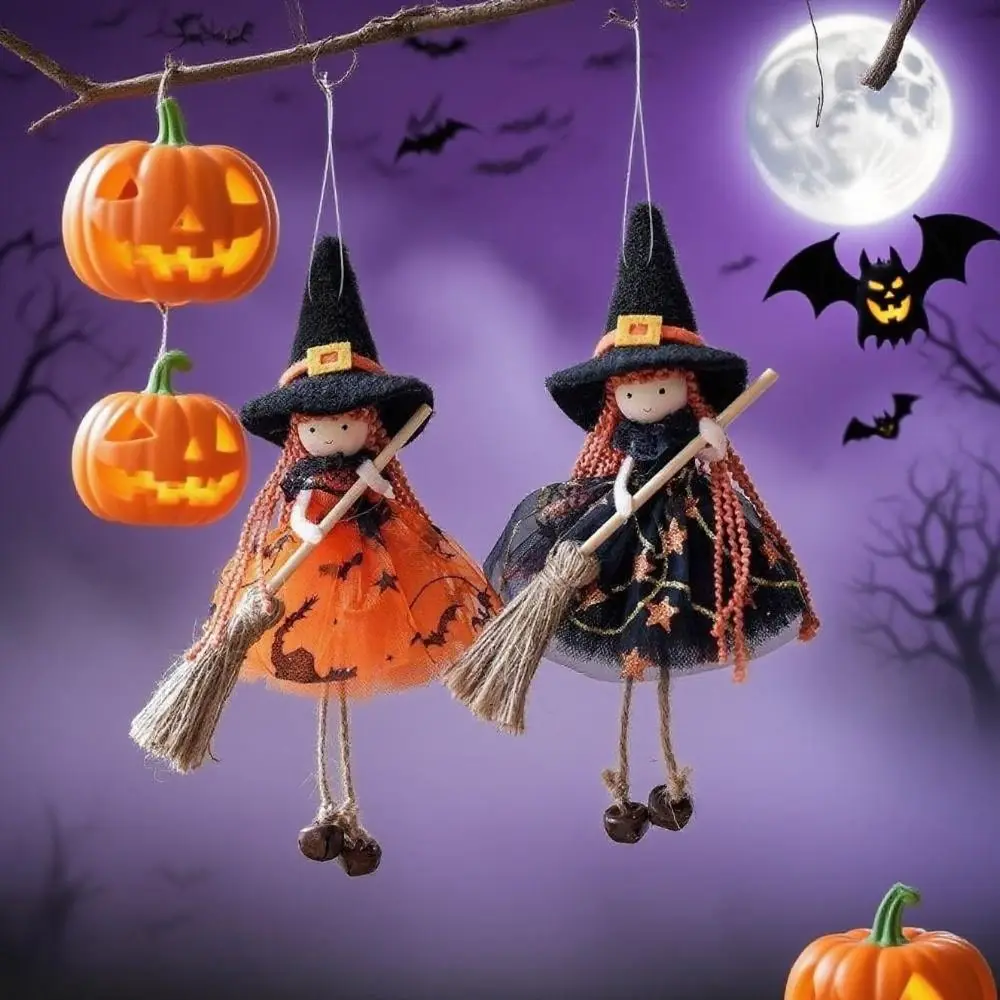

Hanging Broom Girl Angel Pendant Bell Foot Mesh Witch Figurine Handicraft Cute Kid Toy Halloween Witch Dolls Ghost Festival
