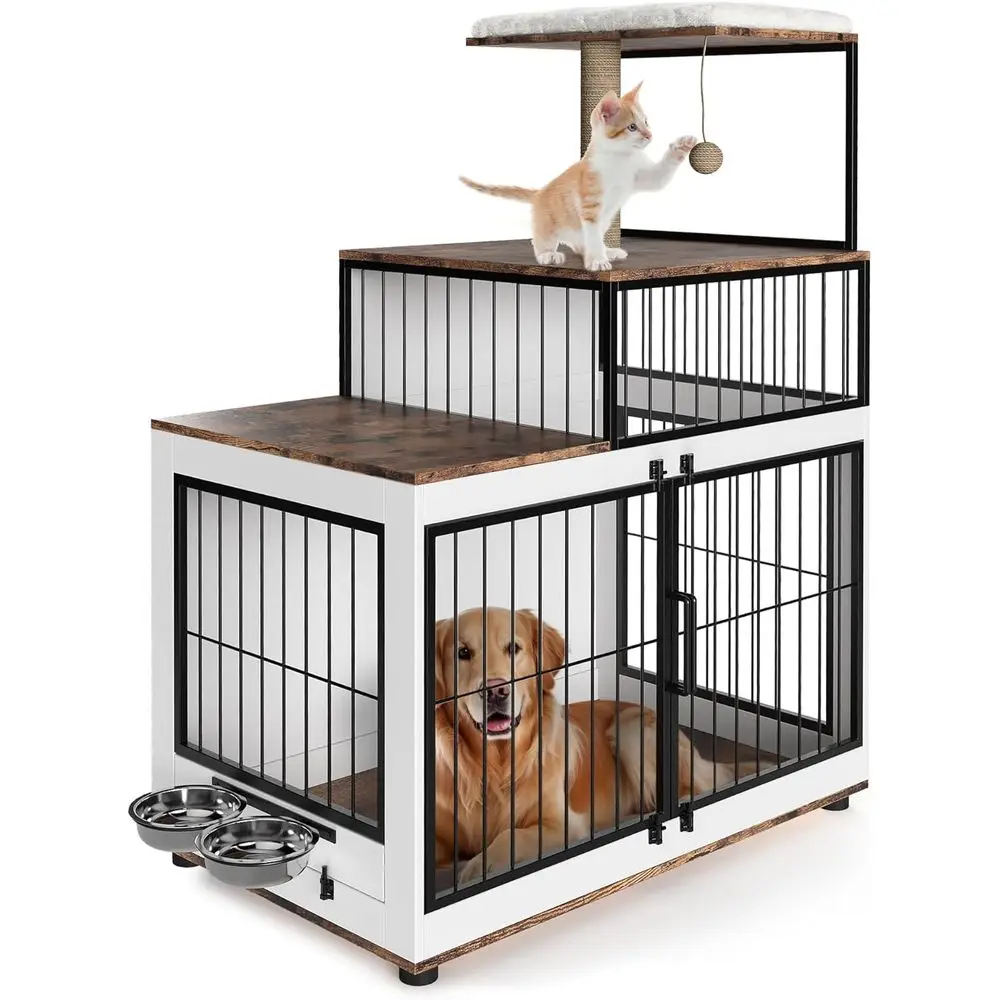 

Extra Large Dog Crate with Cat Scratching Post, Dual Resting Platform, 2 Wooden Bowls, All-in-One Pet Home for Dogs and Cats