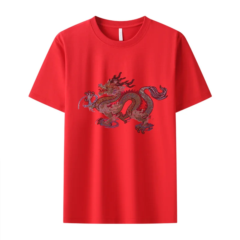 New men's short sleeve dragon pattern cotton casual T-shirt comfortable high quality diamond T-shirt