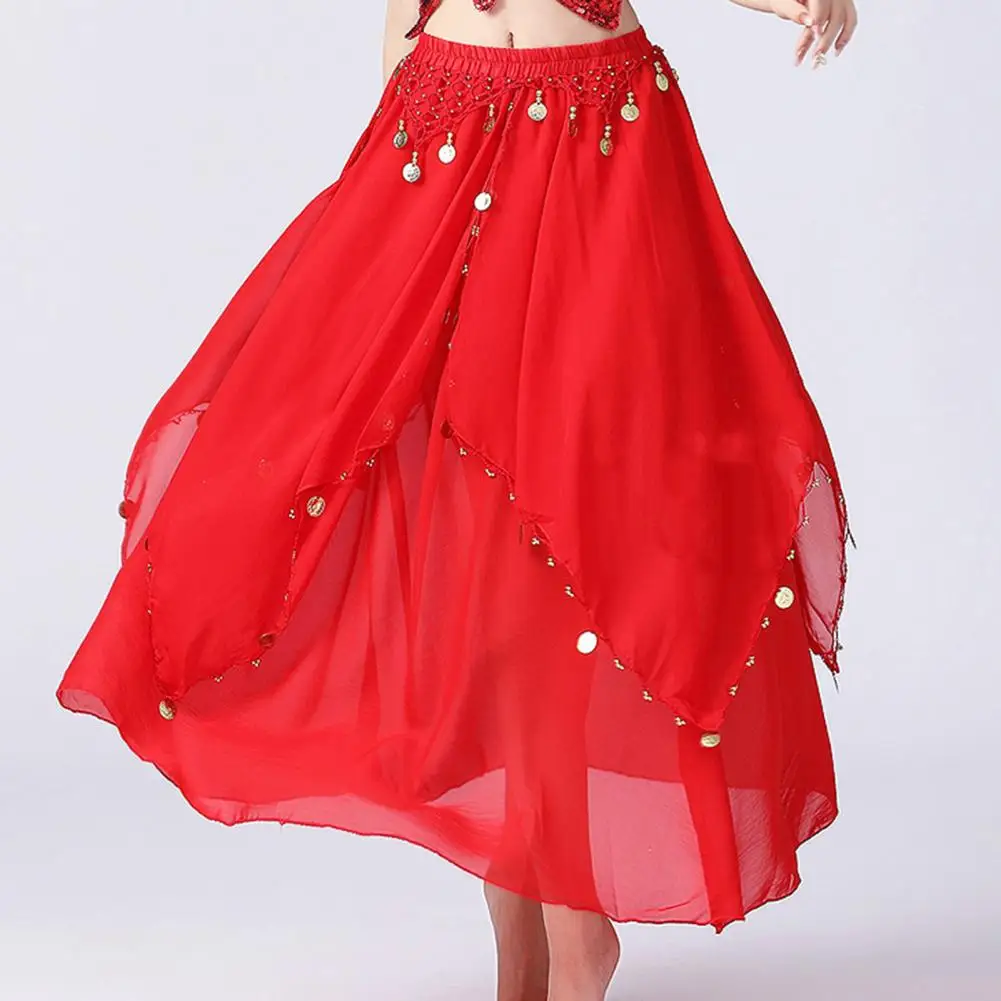 Vrouwen Chiffon Rok Elastische Taille Meerlagige Mesh Folk Dance Rok Pailletten Decor Grote Zoom Podium Performance Rok