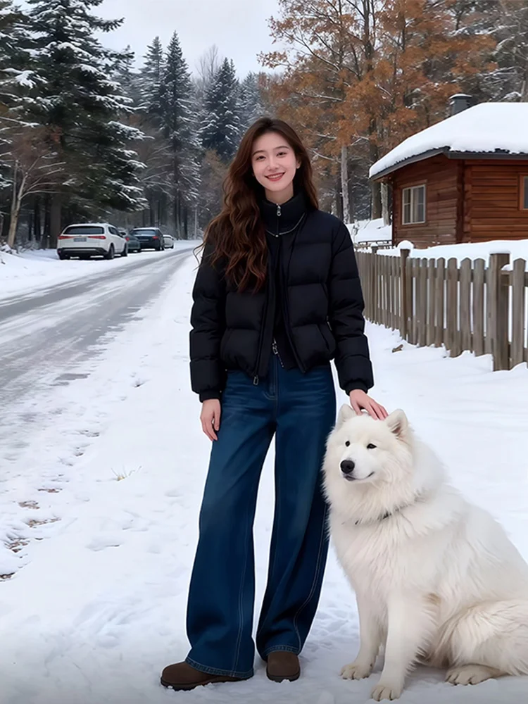 

Korean Sle Pure Color ort down Cotton Jaet Women's round Ne Thiened Warm Loose Bread Sle Outerwear Coat