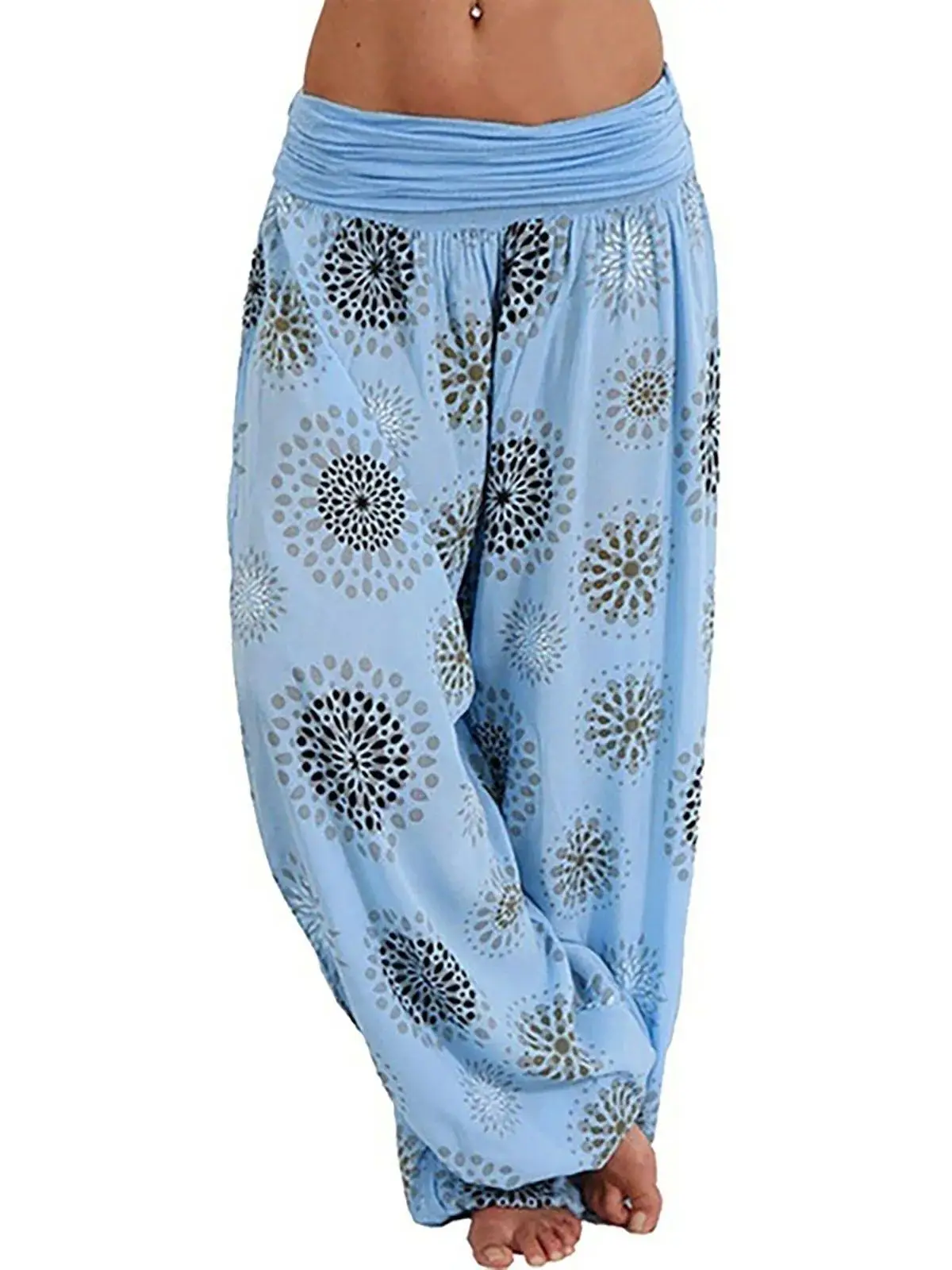 High Waist Printed Harem Pants Women's Long Wide Leg Casual Trousers Straight Cut Polyester Fiber Zipper Closure Daily Wear