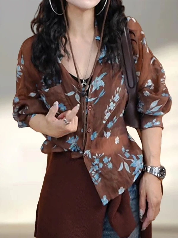 Retro Sle Casual Stampa floreale Lungo Sve Ne irt Donna Primavera Autunno Lazy Faionable Top dall'aspetto giovane