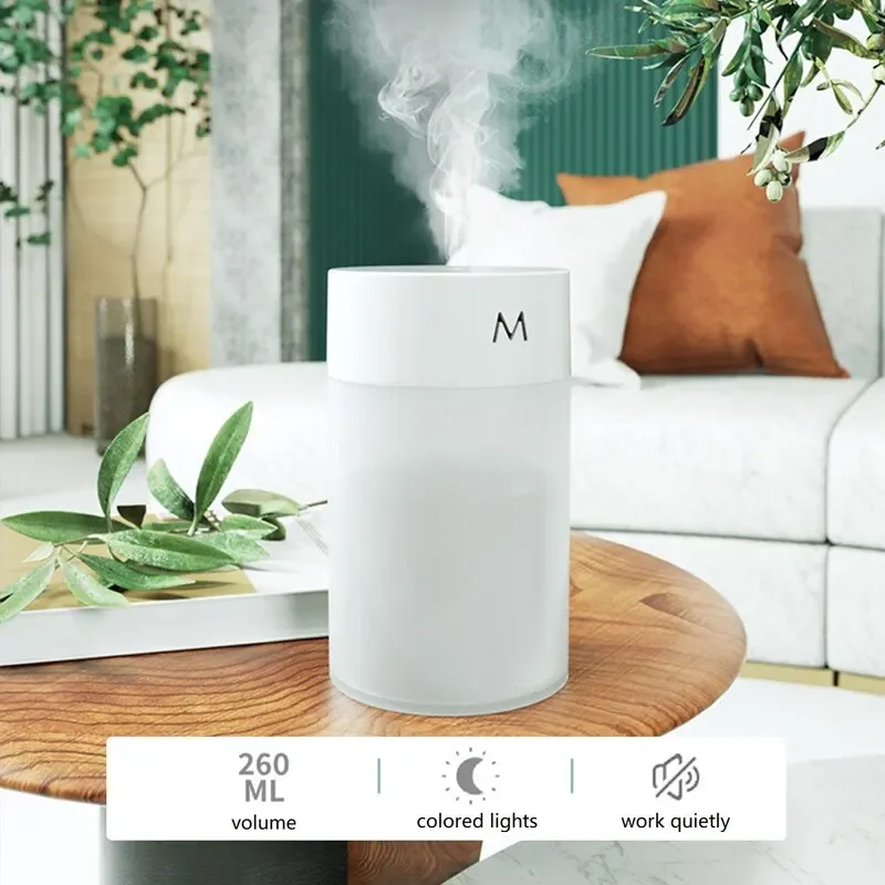 Humidificateur d'air à ultrasons avec lampe LED, mini diffuseur d'aromathérapie, pulvérisateur portable, atomiseur d'huiles essentielles USB, maison et voiture, 260ml