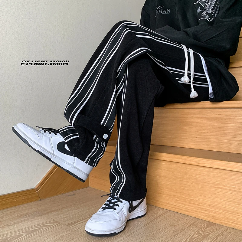 Black Streetwear Casual Sweatpants Side Stripe Elastic Low Rise Straight Pants y2k Aesthetic Jogger Trousers Men Loose Couples