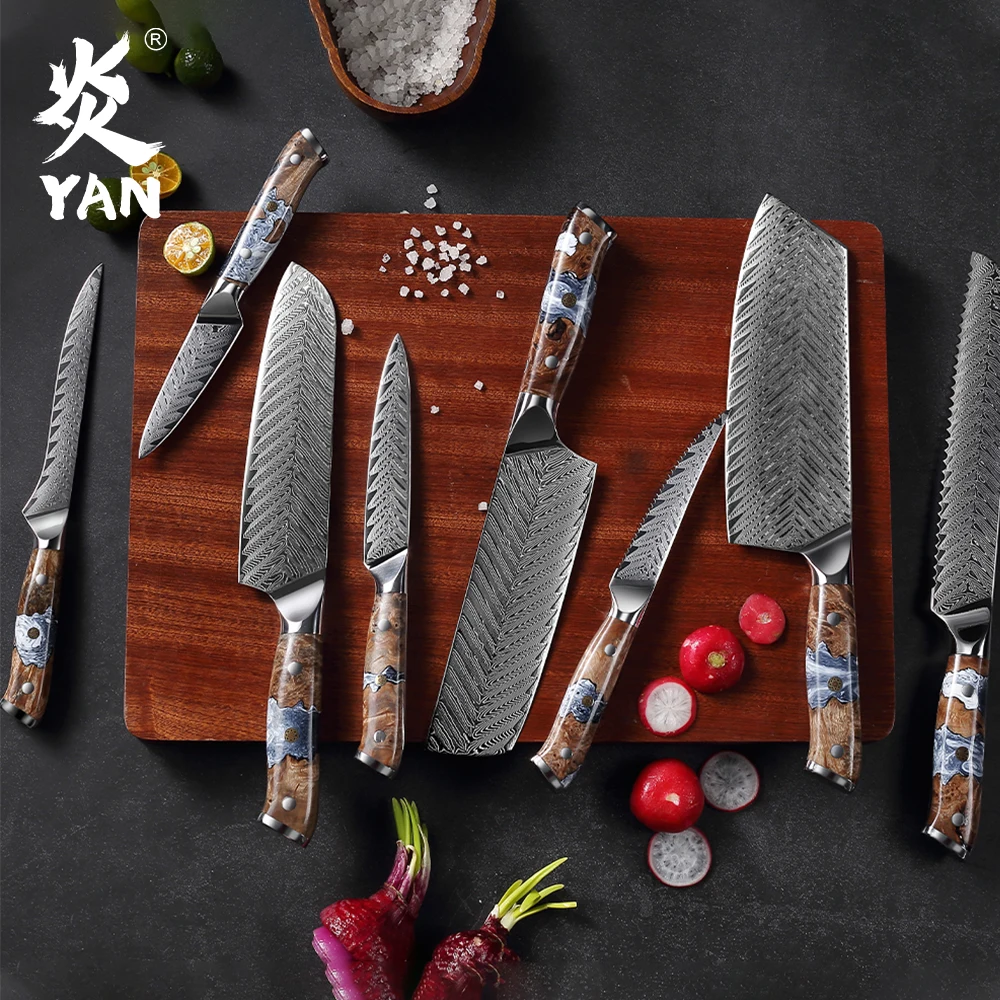 YAN Professional 8PCS Japanese Damascus Steel Kitchen Knife Chef Set VG10 Core Santoku Nakiri Knife Maple Burl Resin Handle