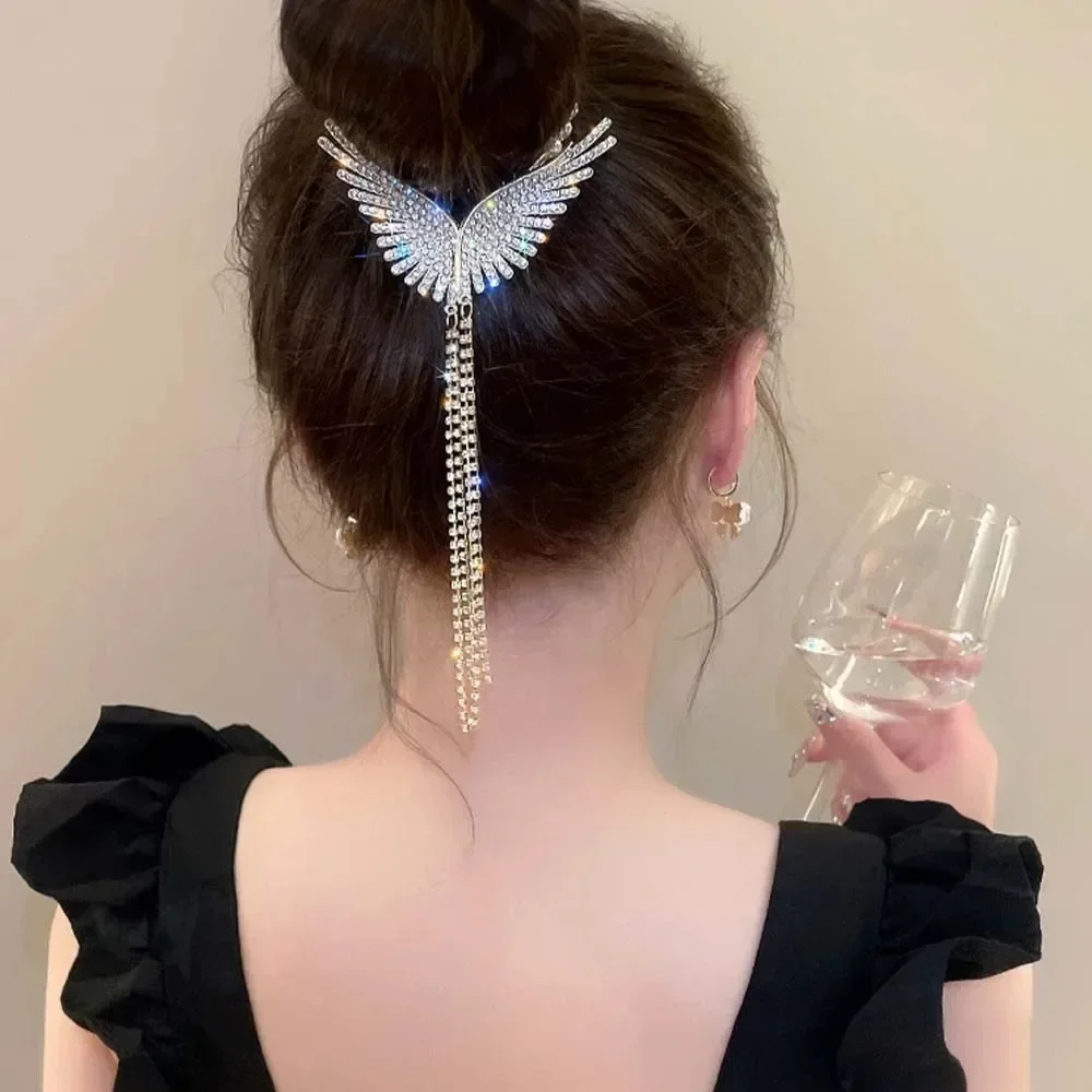 

New Angel Wings Hair Bun Hair Clips Women Girls Rhinestone Tassel Ponytail Button Hairpin Golden Fashion Accessories 장식