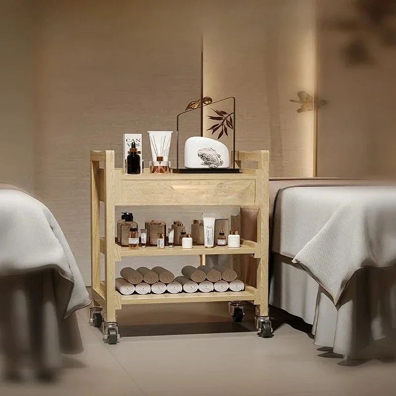 A  Solid wood multi-functional beauty cart three-layer rack tool with drawer trolley hair cart