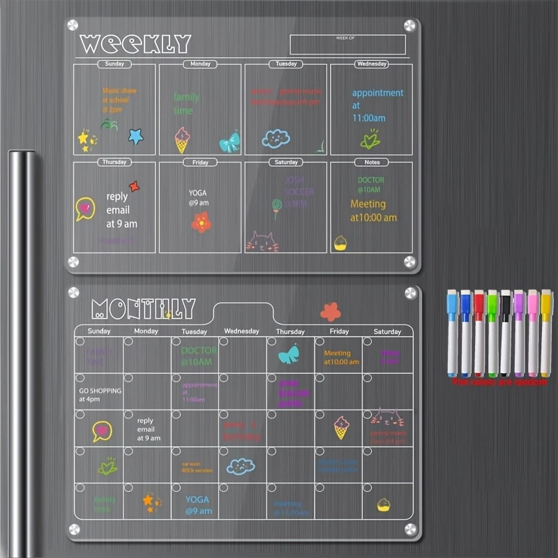 Clear Acrylic Magnetic Dry Erase Calendar Board  8 Markers  for Fridge, Office, Home (White)