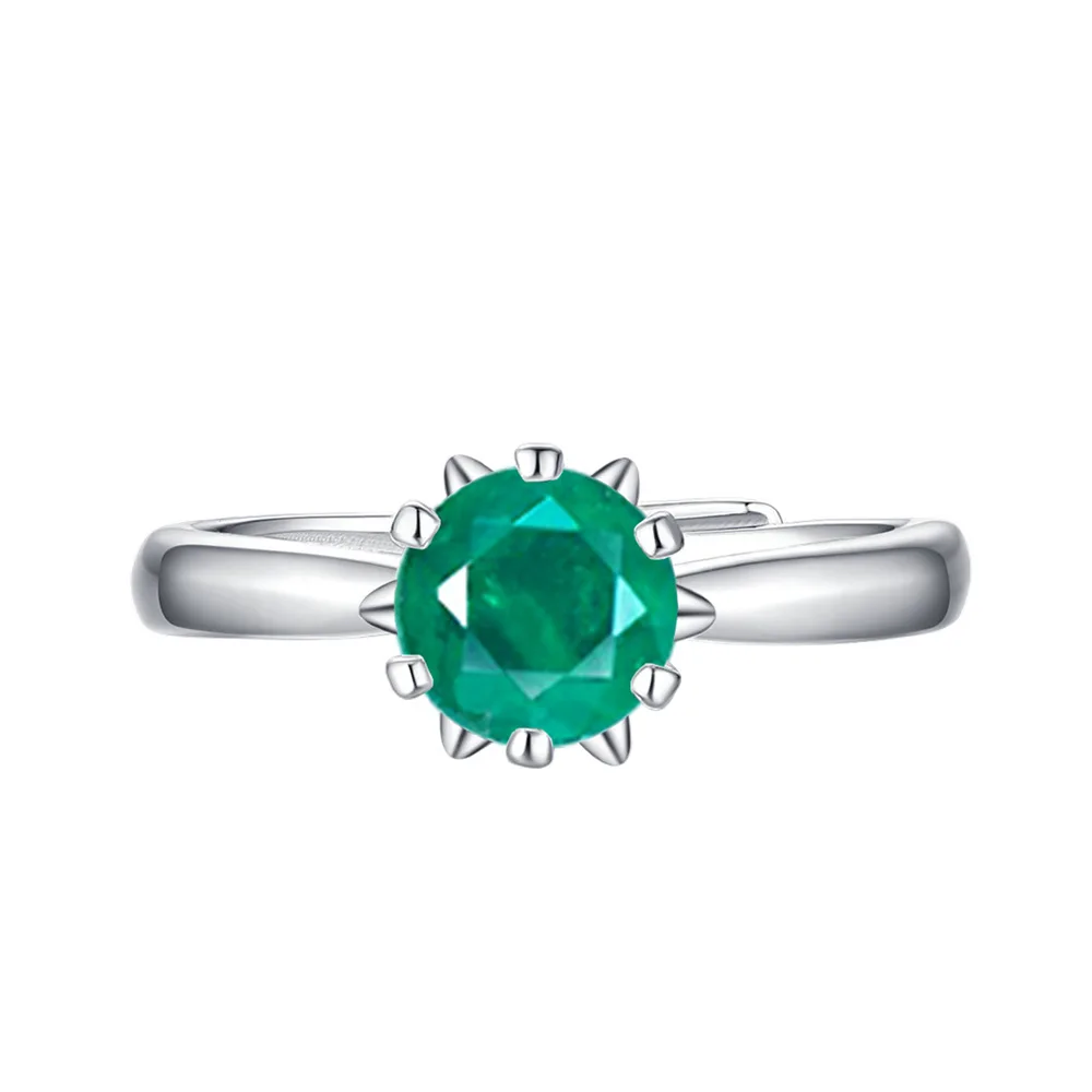 Fashionable and Luxurious 5mm Circular Simulated Emerald Ring for Women 925 Silver Gemstone Ring, European and American Bracelet