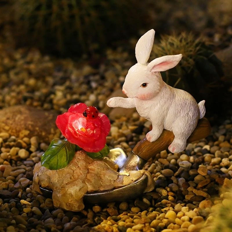 KX4B Cartoon Bunny Statue Solar Light Animal Resin Sitting Shovel White Rabbit