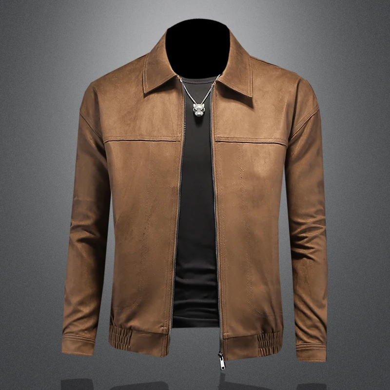 

New Turn Down Collar Men's Jackets Luxury Solid Color Zipper Biker Male Coats Fashion Faux Leather Spring Autumn Man Overcoat