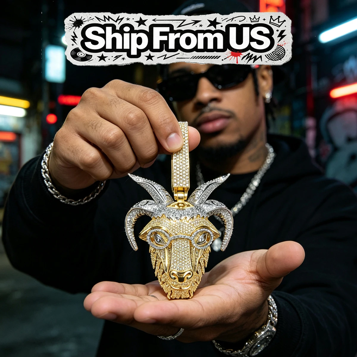 18K Gold Plated Cubic Zirconia Charm Hip Hop Goat Head With Glasses Jewelry Micro Paved Shiny Men Streetwear Rap Accessory 3D Iced Out Goat Pendant Two-Tone Full Diamond Fine Jewelry Gifts for Men Boy Friends Rapper  Luxury Bling Pendant Trendy Icy Gift