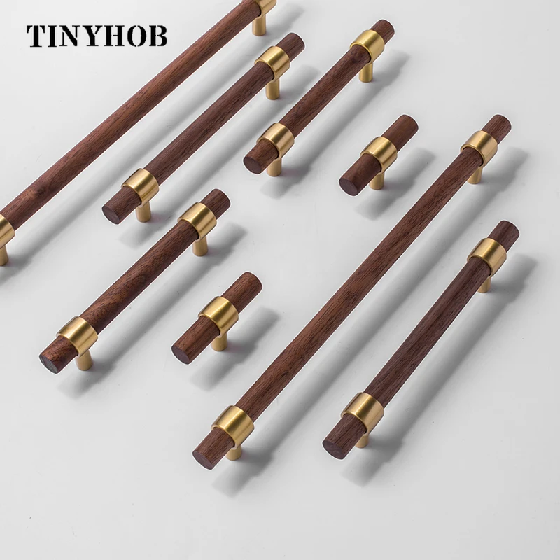 Natural Wood+brass T Bar Door Handles American Style Furniture Wooden Handle Drawer Pulls Kitchen Cabinet Knobs and Handles