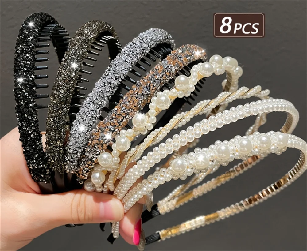 

Набор из 8 предметов: повязка для волос с блестками и жемчугом, широкая повязка на голову для ежедневного использования;