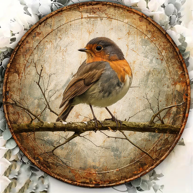 2D Flat, 1pc 1pcs Suitable for Living Room, Cafe, Bedroom Vintage Robin Bird Wall Decor - 8x8 Inch / 20x20cm Round Sign with Rob