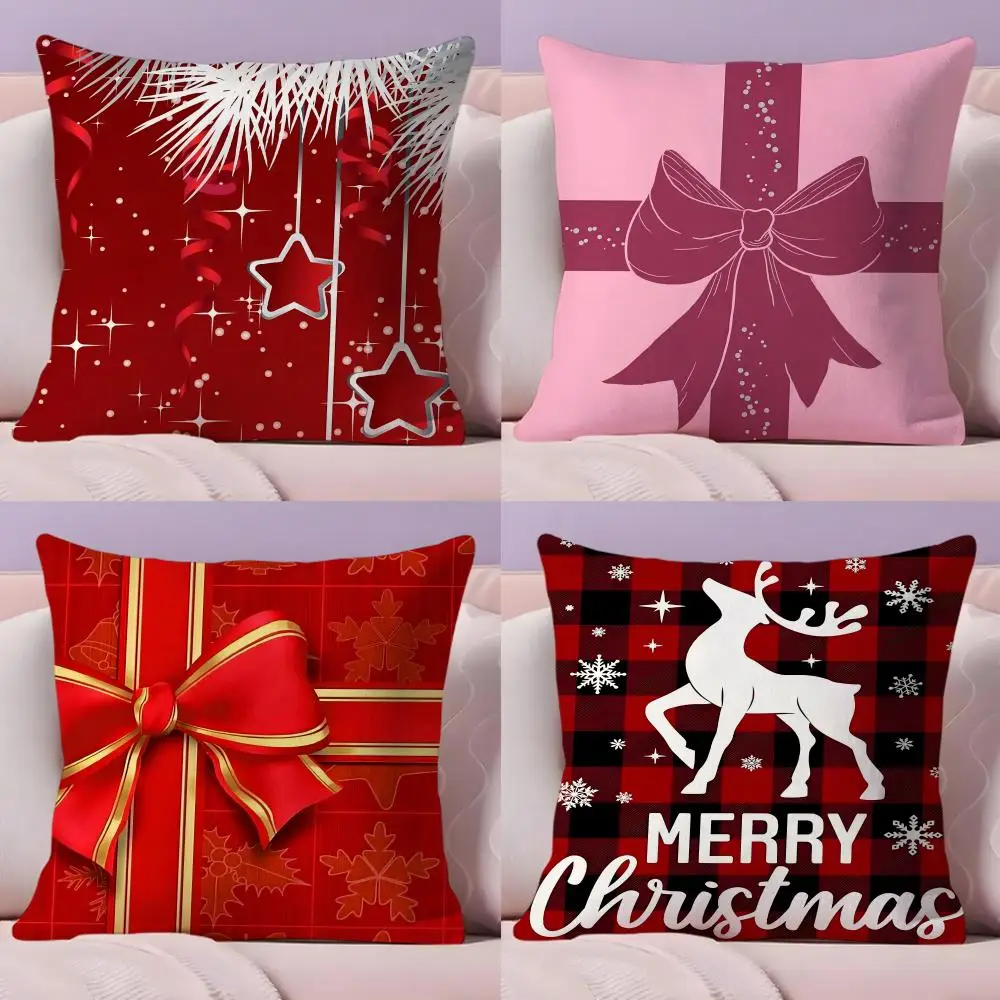 Christmas Gift Box Bow Cushion Cover Plush Fabric Soft Double-Sided Printed Sofa Warm Winter Home Gift Pillow Cover