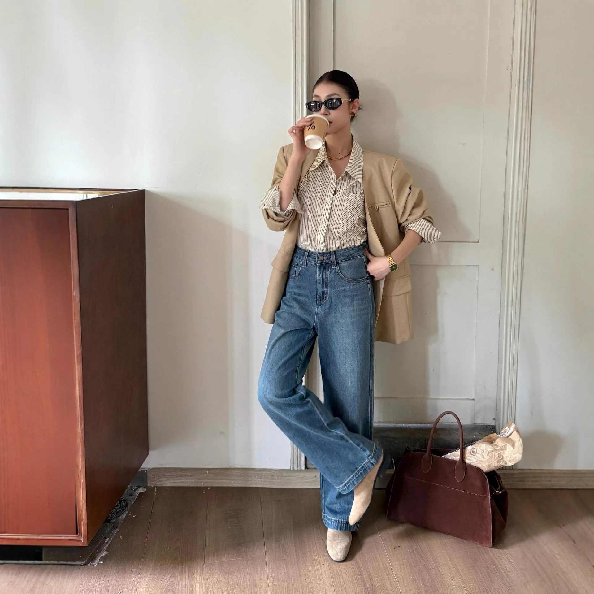 K0062 Spring Fall Fashion Women's Denim Pants Solid Color Simple Basic Wide Leg Trouser Female Soft Comfortable Cotton Pants