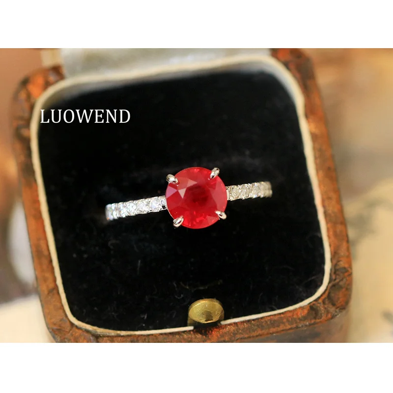 LUOWEND 100% 18K White Gold Rings Fashion INS Style Shiny Diamond Natural Ruby Engagement Ring for Women High Party Jewelry