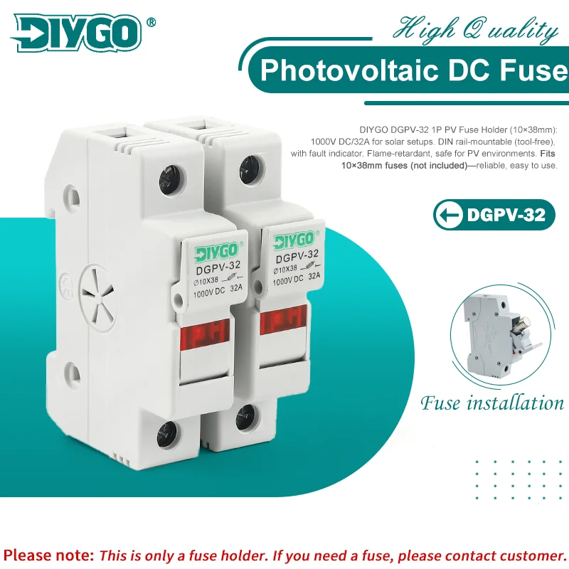 

DGPV-32 1P 10*38mm 32A DIN Rail Mount Fuse Holder Base Without Fuse Solar PV Fuse Holder 1000V DC With Indicator Light