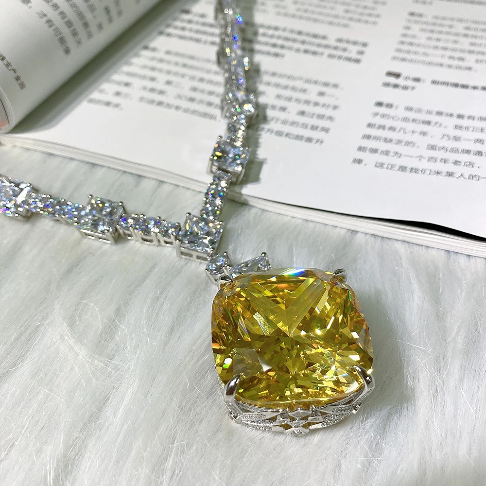 Vinregem 30 MM Citrine High Carbon Diamond Gems Hyperbole Pendant Necklaces 925 Sterling Silver Fine Jewelry Anniversary Gifts