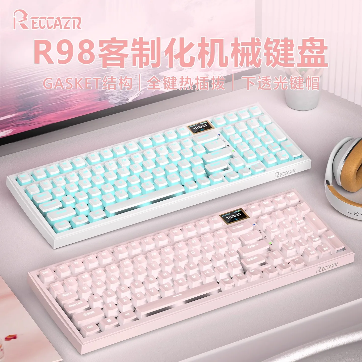 

RECCAZR R98pro Screen Wireless Mechanical Keyboard Tri-mode Gasket 98 Keys Pudding Keycap Custom RGB Hot Swap Gaming Keyboard