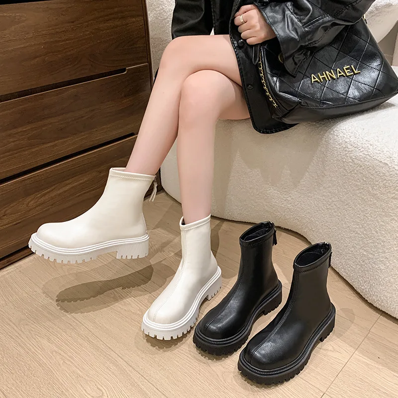 2025 New Fashion Autumn Winter Platform Shoes Leather Boots Women Casual Back Zippers Women's Ankle Boots Women's Short Bootties