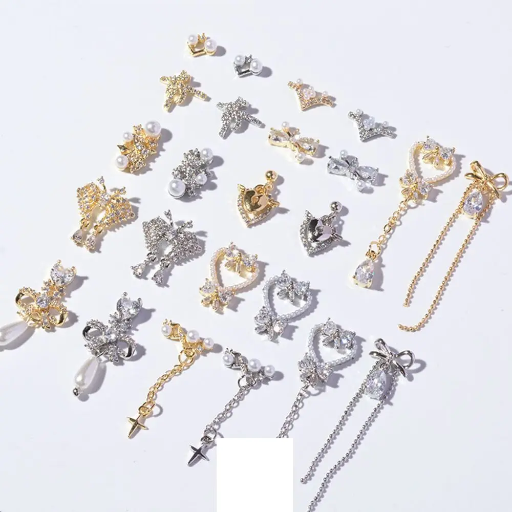 3D Shiny Butterfly Bow Heart Crystal Heart Nail Zircon Jewelry Bow Nail Rhinestones Nail Art Decorations Alloy Pendant Chain