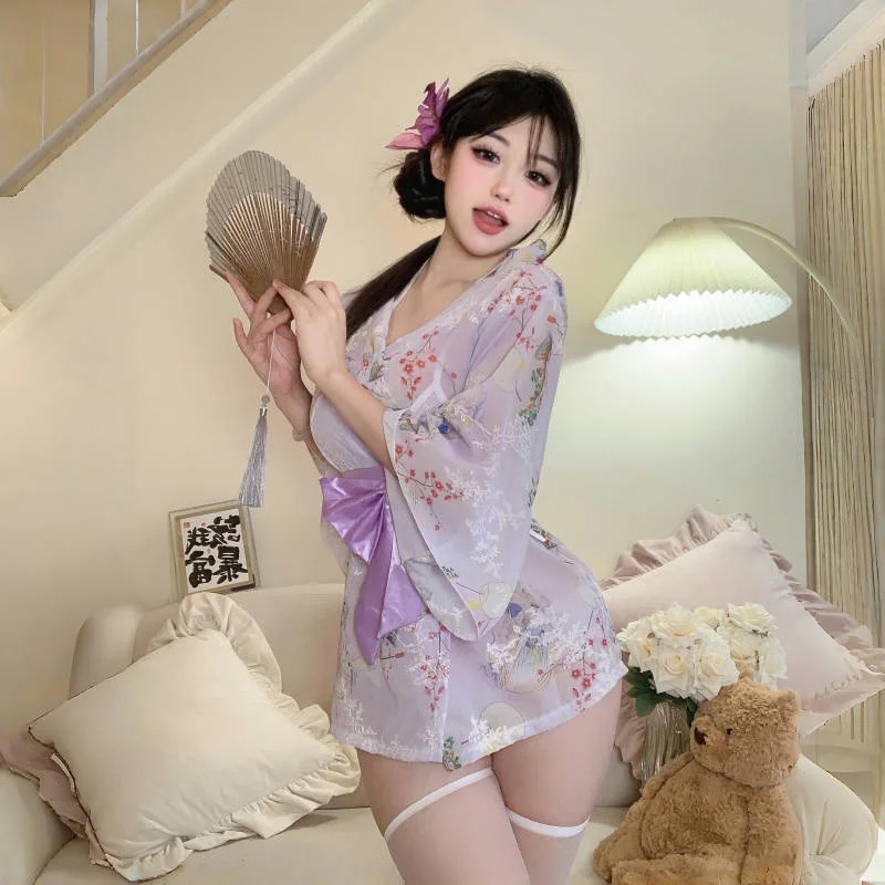 Japanese Sakura Kimono Sexy Sweet Bow Bathrobe Women Chiffon V-Neck Printed Half Sleeve Cute Girl Exotic Elegant Dress Costumes