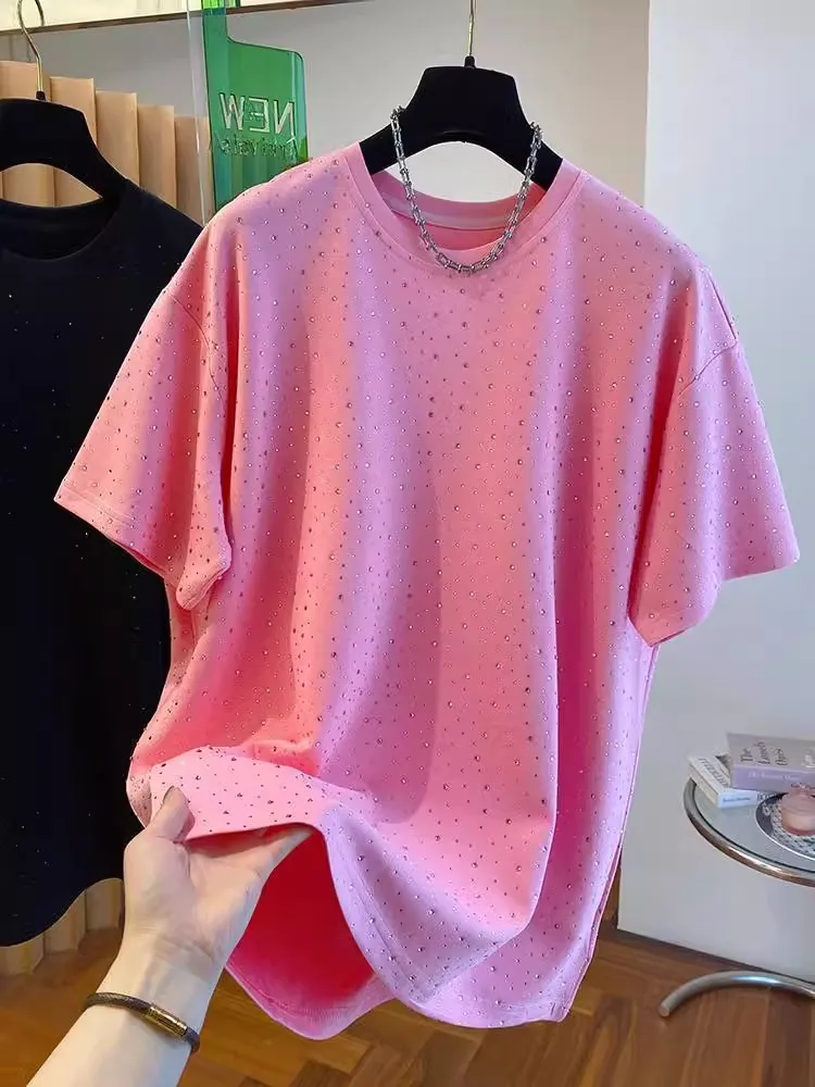 

Extra Large 2300 Pou ort Sve Men's Summer T-irt Loose Heavy Du Hotfix Rhinestone round Ne Top