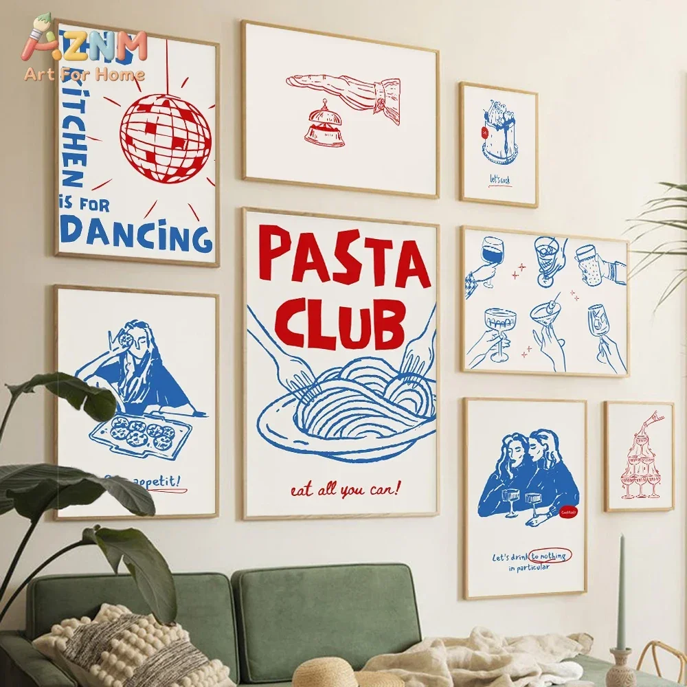 AZNM Retro Red Blue Line Drawing Canvas Print Pasta Club Disco Wine Cake Fun Trendy Kitchen Dining Room Wall Poster Unframed Dec