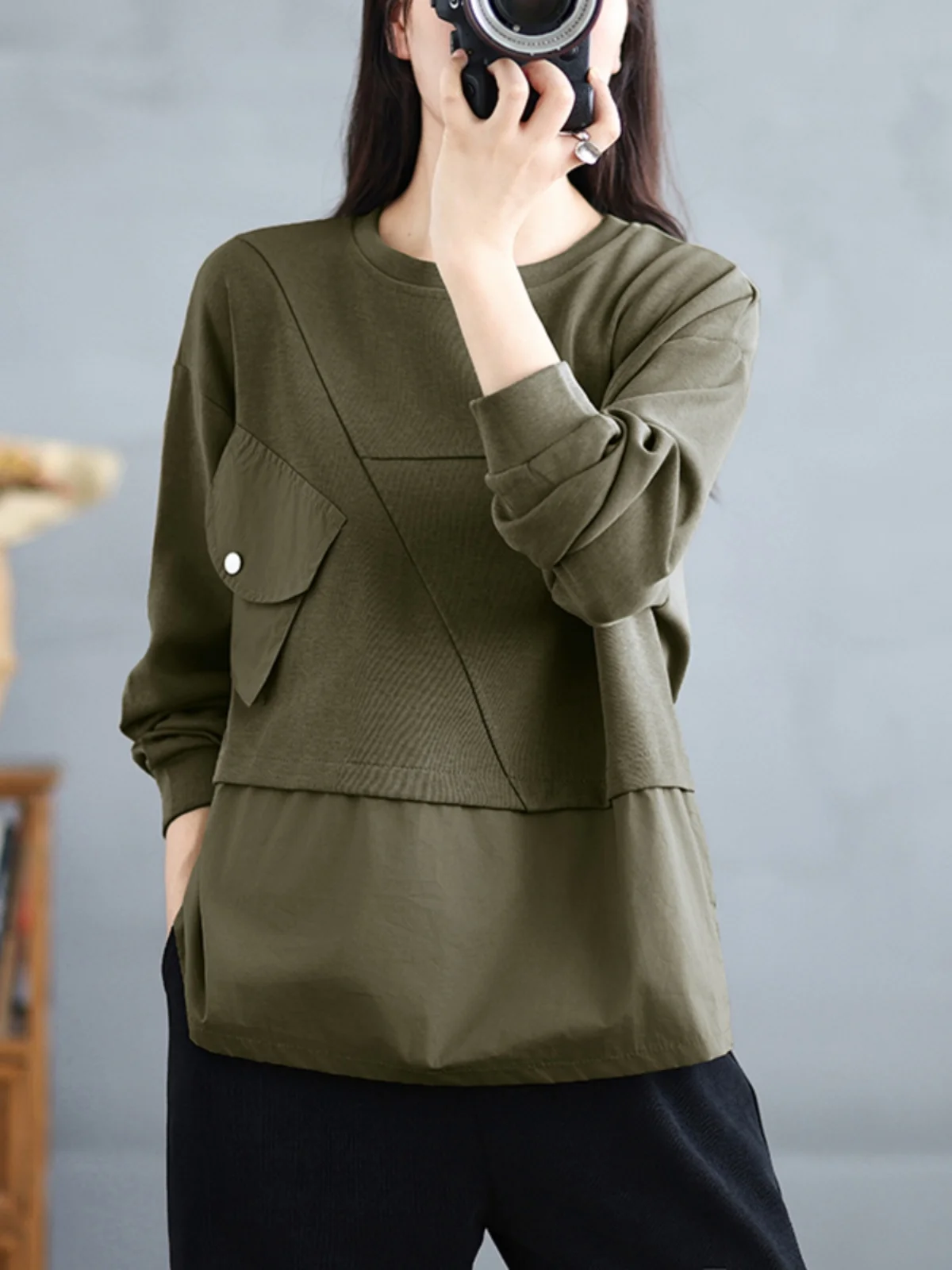 Taglie forti Casual Allentato Lungo Sve round Ne Felpa da donna T-shirt alla moda con grandi ket per la primavera autunno