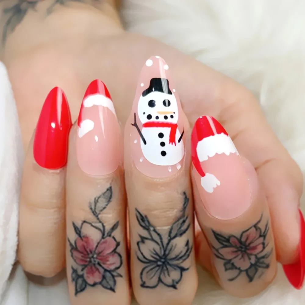 

Glossy Christmas Red Press On Fake Nails With Glue DIY Acrylic Short False Nails Stiletto Shaped Woman Manicure Fingertips