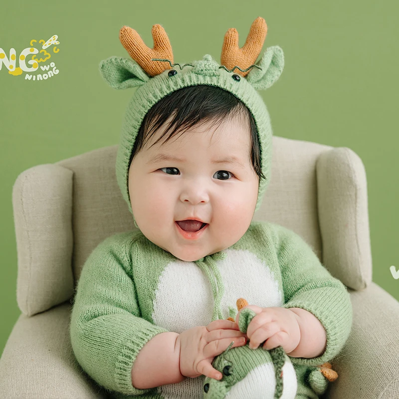 Crochet Baby Clothes Newborn Photography Outfits Cute Knitted Green Dragon Outfits Crochet Jumpsuit Hat Doll Studios Photo Props