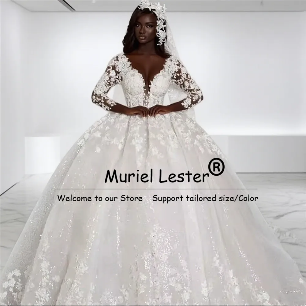 Błyszczące suknie ślubne z tiulu i koronki z aplikacjami dla czarnoskórych dziewcząt, szyte na miarę, z długimi rękawami, suknie balowe, luksusowe suknie ślubne z koralikami.