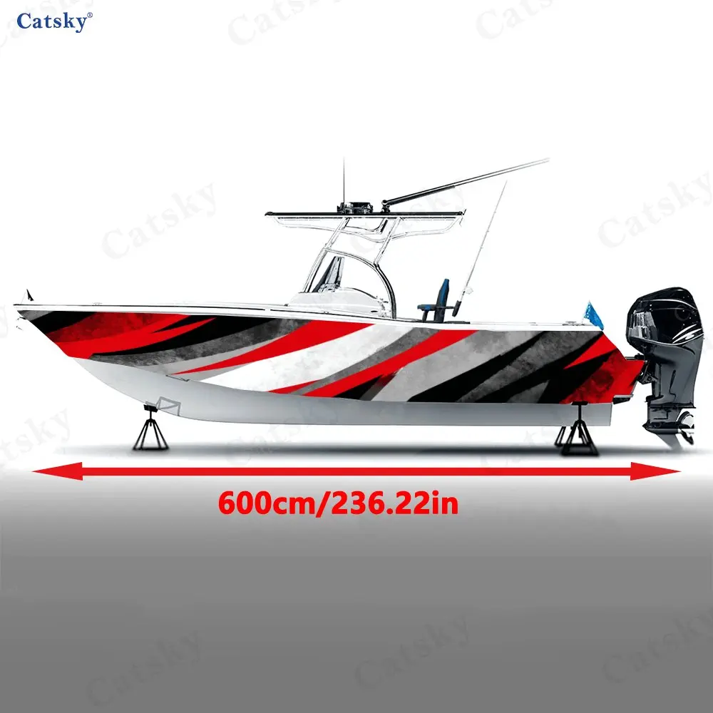 Red & White Sharp Spikes Splash Boat Stickers, PVC Waterproof Vinyl Wrap Decals for Fishing Boats, Durable and Stylish Design