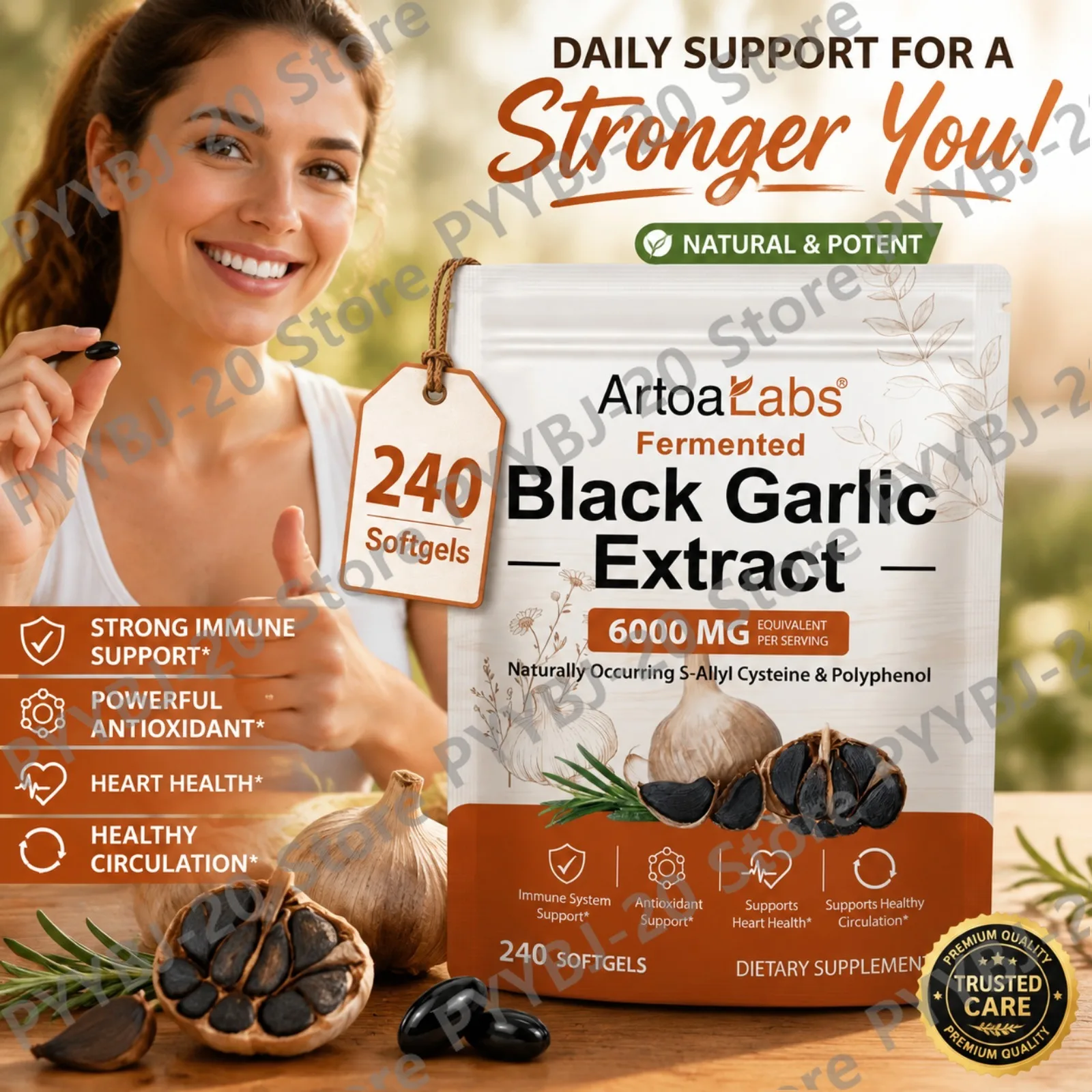 ArtoaLabs Fermented Black Garlic 6000mg Softgels - Natural Antioxidant Supports Immune System & Circulatory Wellness 240ct
