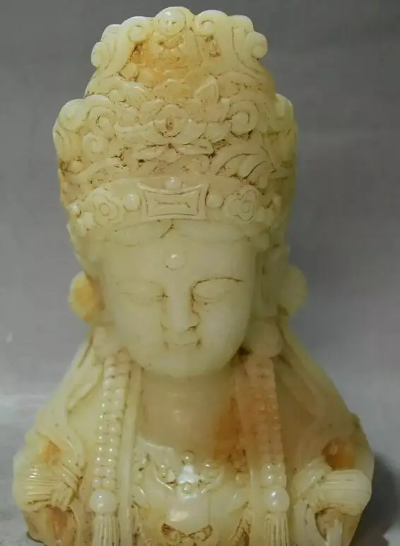 China Old Jade Carving Kwan-yin Guanyin Guan Quan Yin Goddess Head Bust Statue